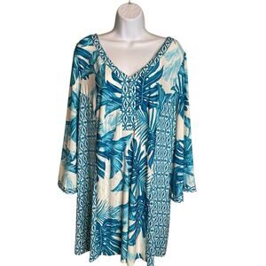 Potpourri Womens Blue White Floral Peasant Tunic Top Size 1X Cottagecore Country